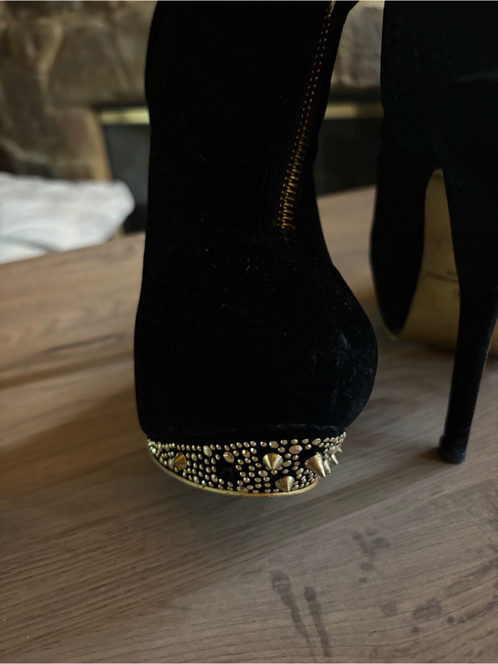 Alba Black Velvet Studded Platform Ankle Boots with Gold Accents - Picture 5 of 7